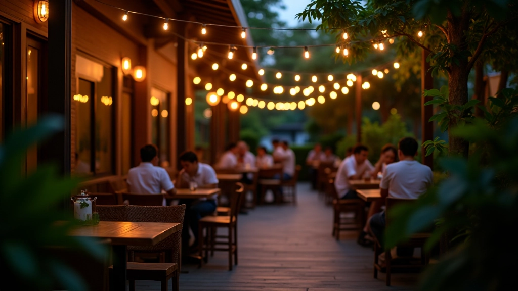 Outdoor dining area with string lights overhead, wooden tables set with place settings, plants around perimeter, warm evening ambiance