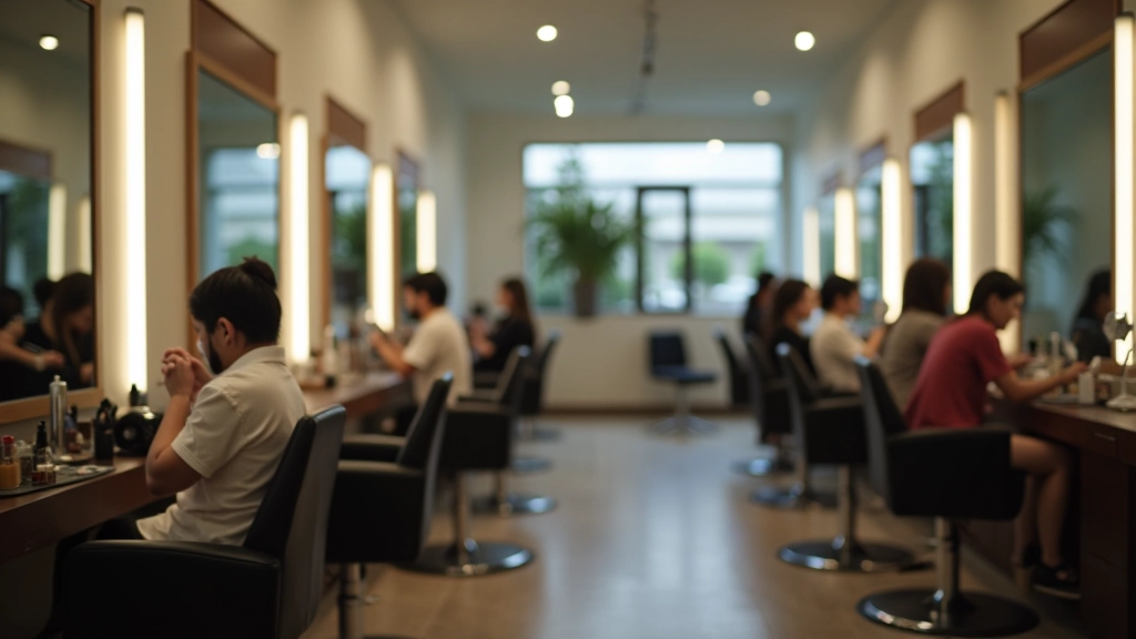 Beauty salon interior with styling stations, mirrors and professional equipment, client receiving hair service