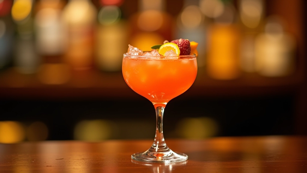 Craft cocktail with citrus garnish and ice, amber liquid in coupe glass, soft bar lighting in background