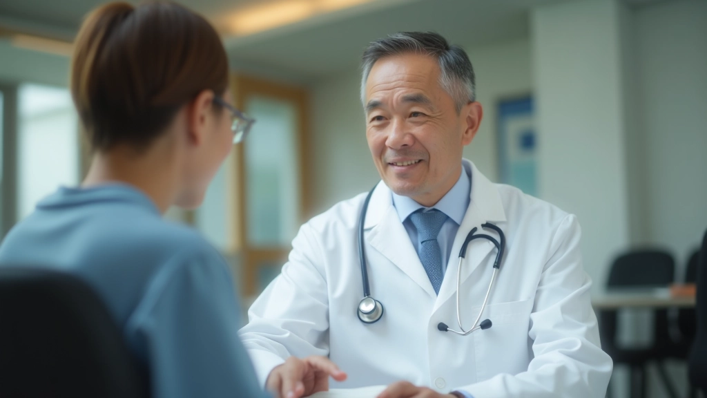 Doctor consulting with patient in examination room, comfortable clinical setting with medical equipment