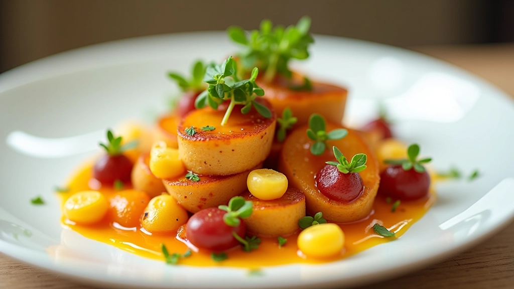 Close-up of plated fusion dish with artistic presentation, garnished with microgreens and vibrant colors on white ceramic plate
