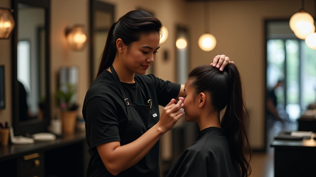 Hairstylist working with client at salon station, hands applying color treatment carefully, professional salon environment