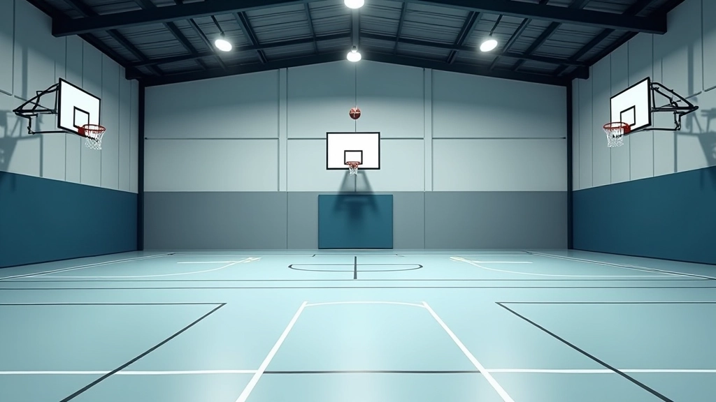 Indoor sports court with equipment, basketballs and training gear arranged, professional gym setting with bright lighting