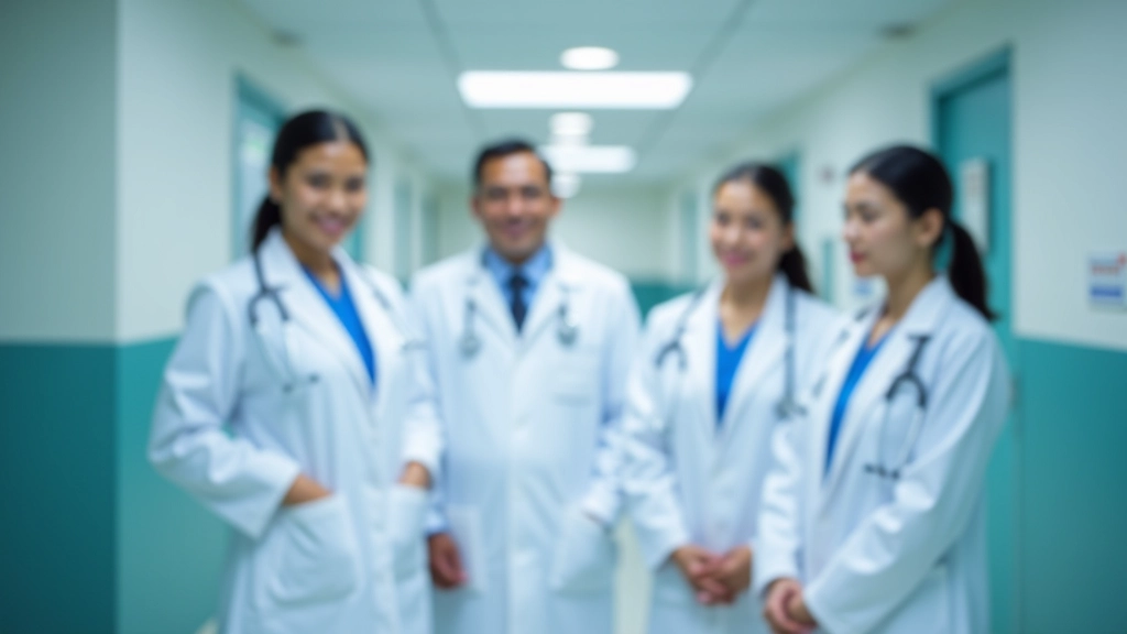 Professional medical team in clinical setting with doctors and nurses in white coats, modern hospital environment