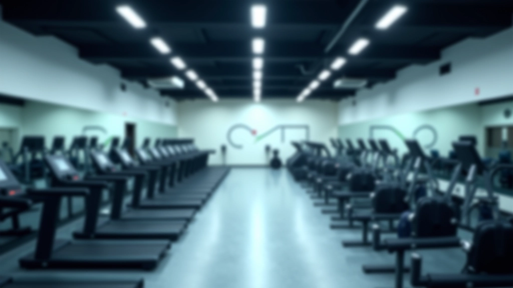 Professional fitness gym with modern equipment, treadmills and weight stations, bright well-lit facility