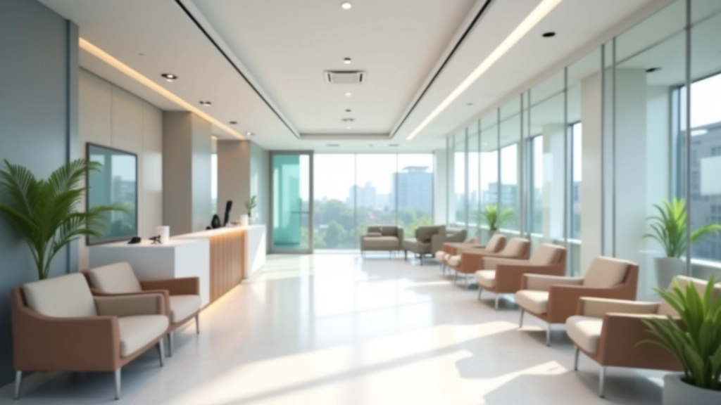 Modern medical clinic interior with clean reception area and professional medical equipment