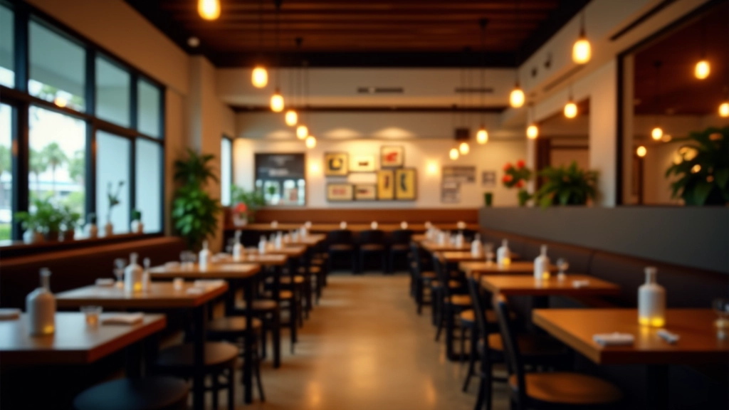 Modern restaurant interior with warm lighting, organized dining area, Filipino culinary marketplace context
