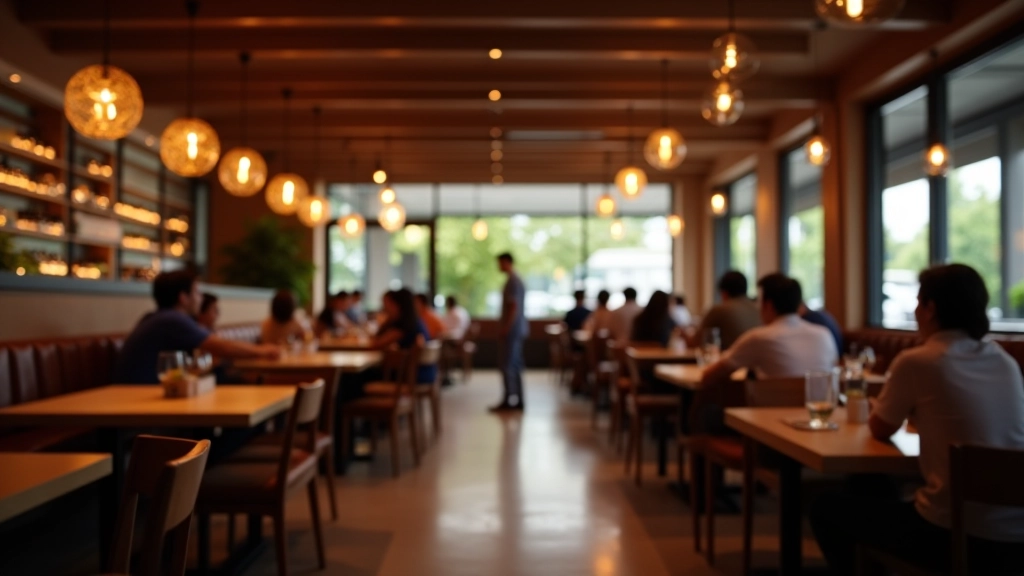 Modern restaurant interior with wooden tables and warm lighting, customers dining at tables