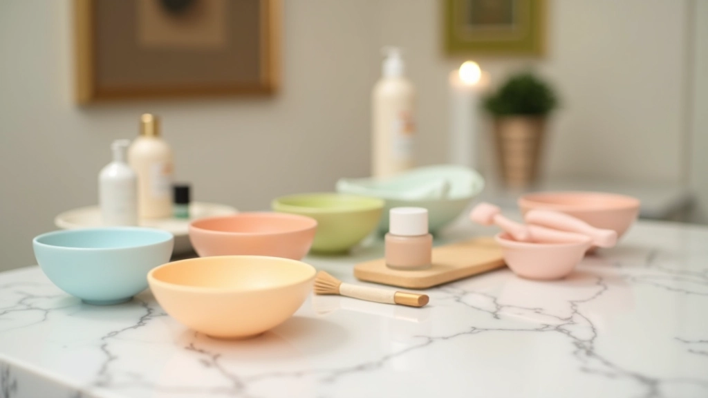 Beauty treatment station setup with professional hair color bowls, brushes, and premium salon products arranged neatly