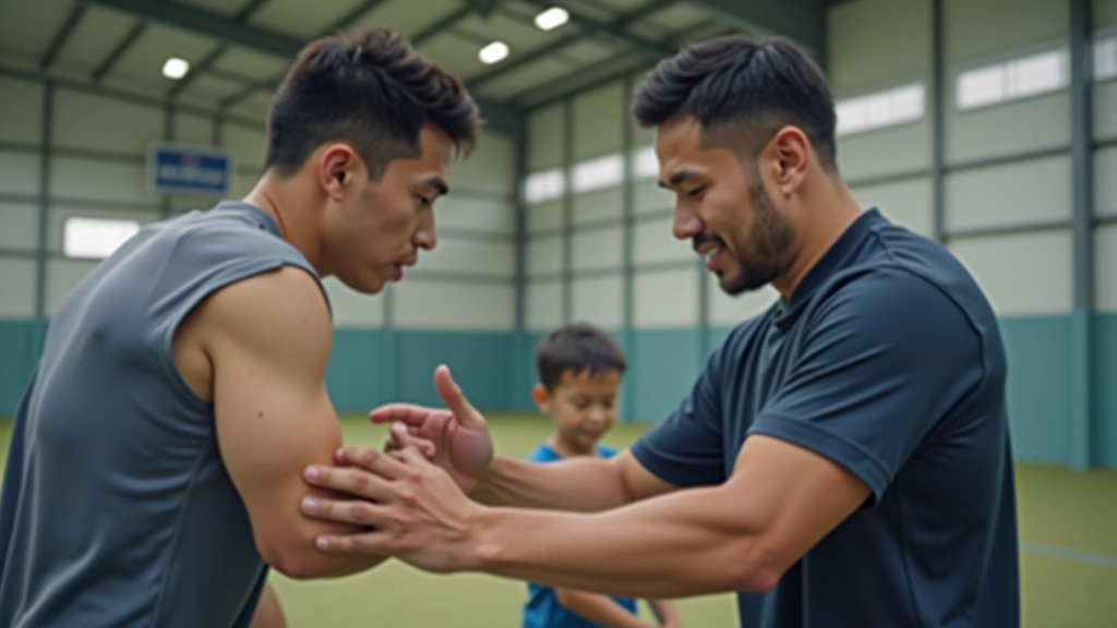 Basketball coach demonstrating proper shooting form to young athlete, hands-on instruction in gym setting