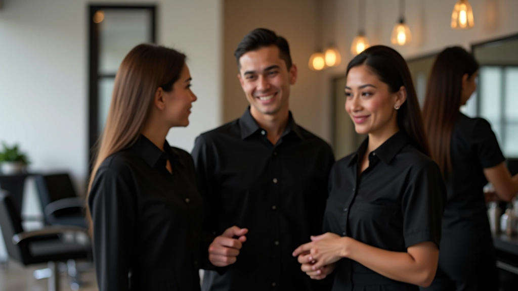 Team of professional stylists in modern salon workspace, discussing techniques and client needs, collaborative studio environment
