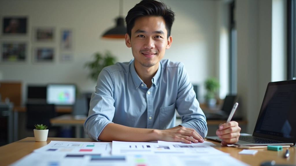 Web design and UX designer working at modern desk with sketches, color palettes, and design tools visible