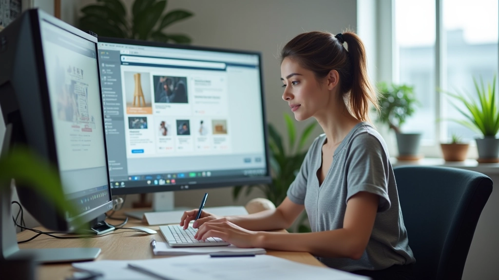 Maria Santos working at her design desk with multiple monitors showing wireframes and user testing notes, bright modern office space with design tools and notebooks visible
